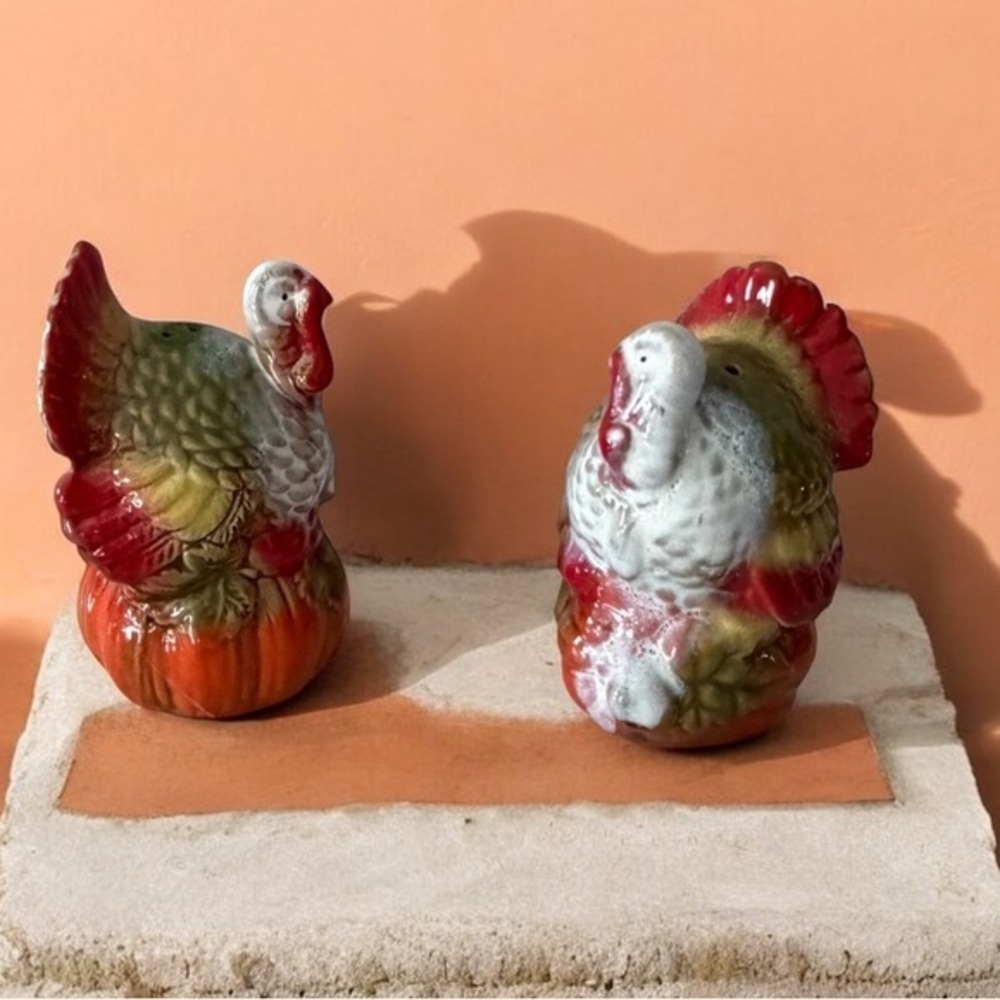 Decorative Ceramic Bird Figurines - Red and White turkey salt paper shakers